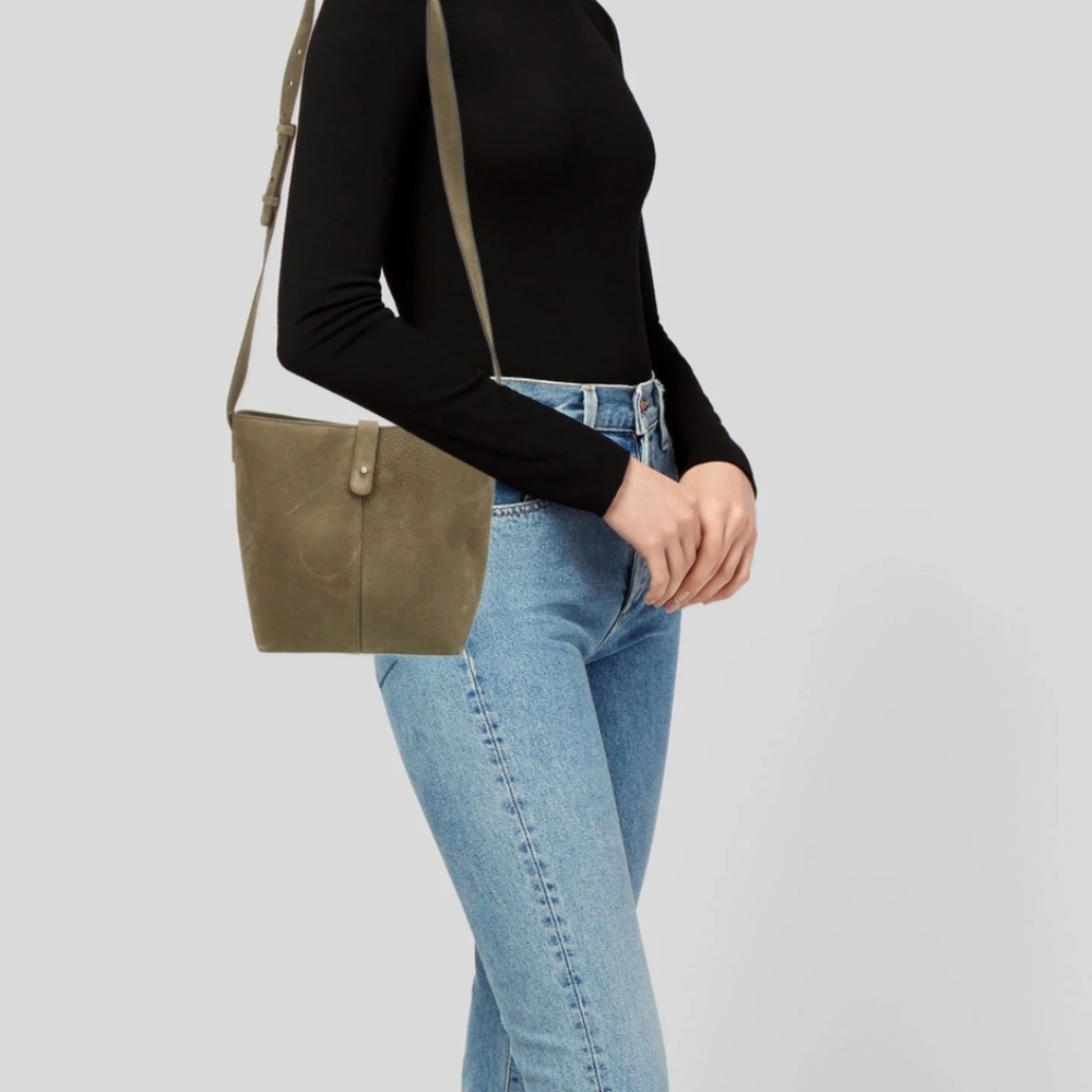 Jenni Kayne Mini Oiled Leather Bucket Bag in Laurel (Grey Green)